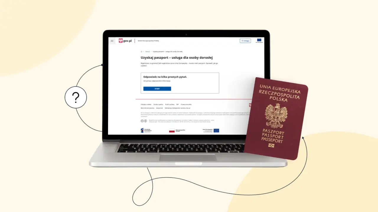 Czy do Albanii potrzebny jest paszport? Sprawdź na gov.pl, jak uzyskać dokument. Na ekranie laptopa i obok paszport.