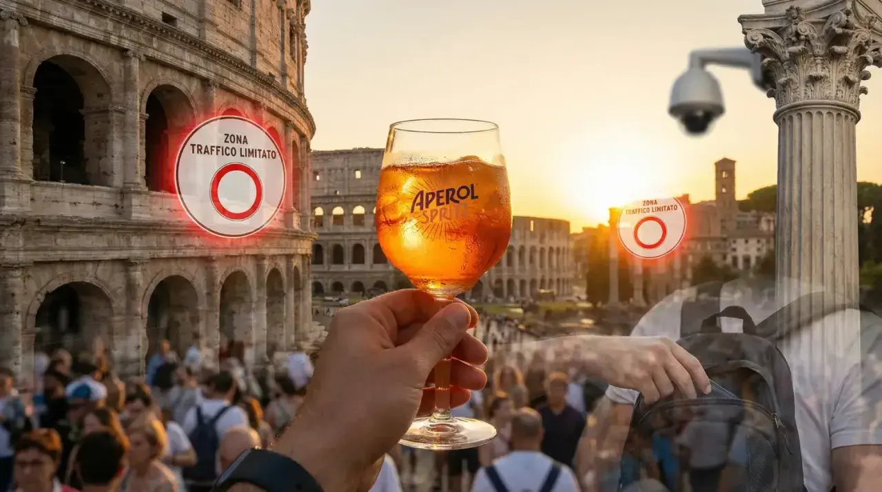 Włochy są bezpieczne, nawet gdy zwiedzasz Rzym z Aperolem w ręku. Koloseum, kamery i znaki "strefa ruchu ograniczonego" nie przeszkadzają w relaksie.