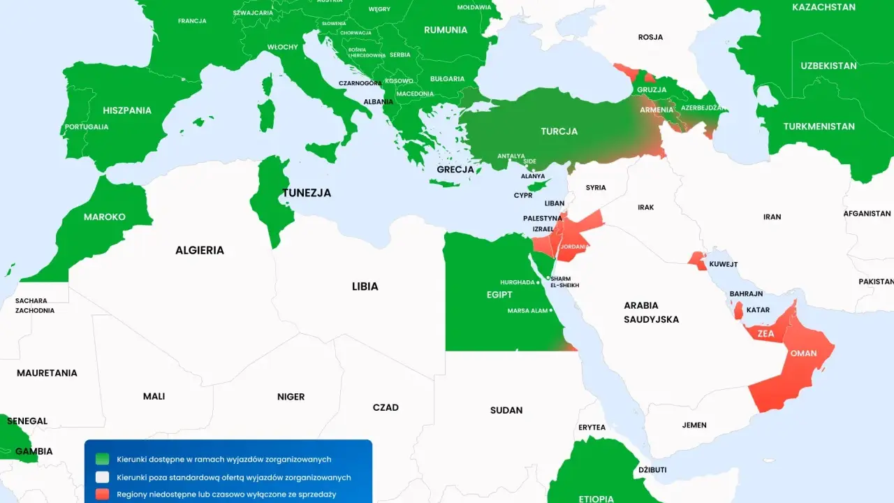 Mapa pokazuje, gdzie leży Hurghada – w zielonym Egipcie, dostępnym w ramach wyjazdów zorganizowanych.