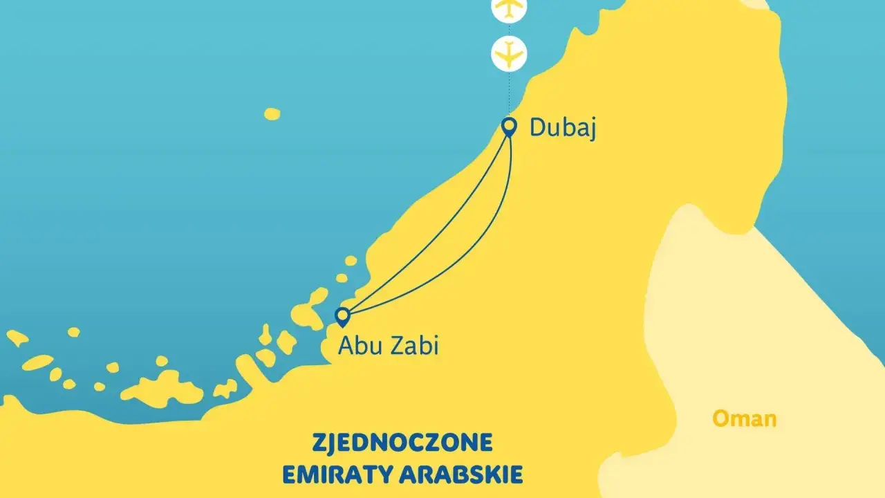 Mapa Zjednoczonych Emiratów Arabskich z zaznaczonym Dubajem i Abu Zabi. Na jakim kontynencie leży Dubaj? Na Azji.