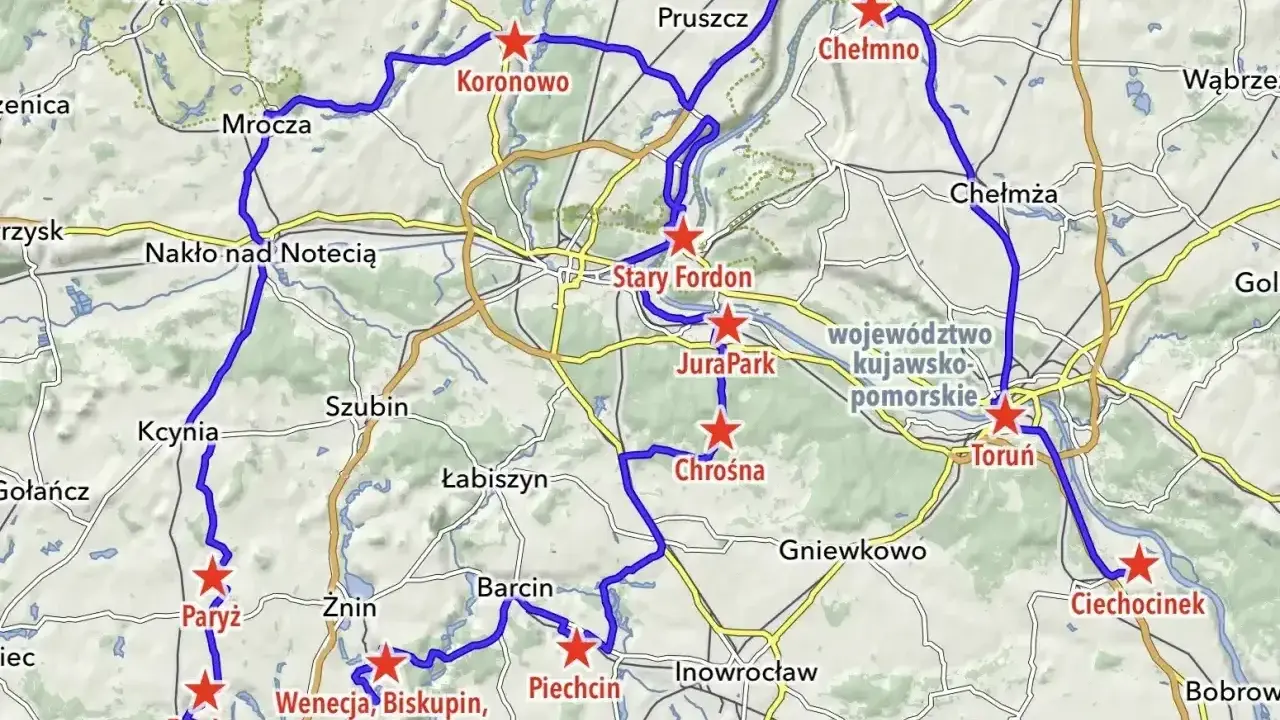 Mapa z zaznaczonymi trasami rowerowymi i atrakcjami. Odkryj magiczne miejsca Kujawsko-Pomorskie: Koronowo, Chełmno, Toruń, Biskupin i inne.