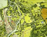 Mapa Parku Mużakowskiego z zaznaczonymi drogami, stawami, budynkami i nazwami terenów, np. Oberpark i Bad Muskau.