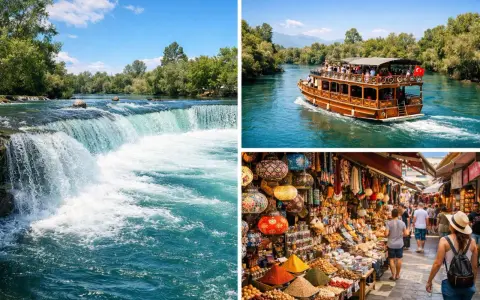 Alanya wodospady, rzeka z łodzią i kolorowy bazar.