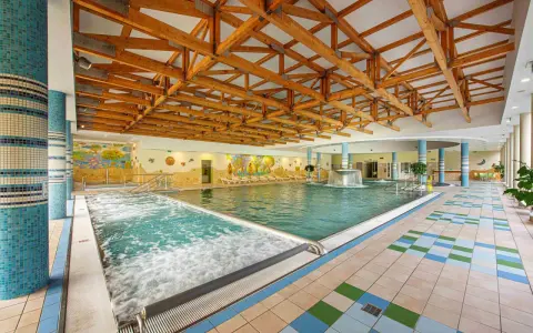 Wnętrze basenu z jacuzzi i kaskadą. Sprawdź bardejowskie termy cennik i zaplanuj relaks.
