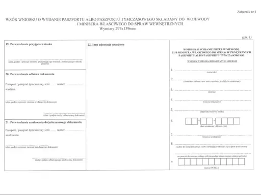 Formularz wniosku o wydanie paszportu, kluczowy dokument w procesie jak wyrobić paszport. Zawiera pola do wypełnienia danymi osobowymi i informacjami o dokumencie.