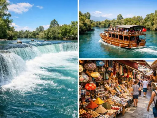 Alanya wodospady, rzeka z łodzią i kolorowy bazar.
