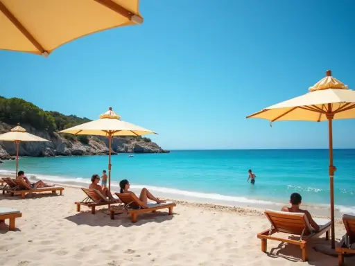 Słoneczna plaża z leżakami i parasolami. Ludzie odpoczywają, a w turkusowym morzu kąpie się mężczyzna. Czy na Majorkę potrzebny jest paszport?