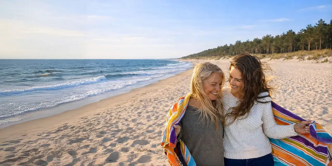 Dwie kobiety cieszą się wczasy lecznicze nad morzem, otulone kolorowym ręcznikiem na piaszczystej plaży.