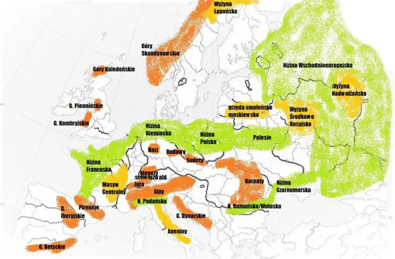 Mapa Europy z zaznaczonymi pasmami górskimi, w tym góry we Francji (Masyw Centralny, Jura, Wogezy).