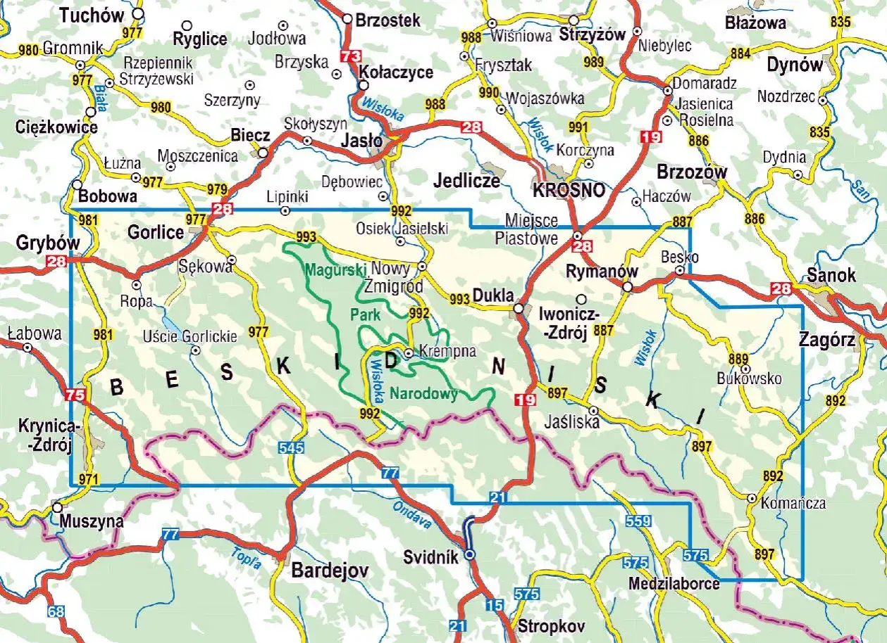 Mapa turystyczna Beskidu Niskiego z zaznaczonymi miejscowościami, drogami i szlakami. Widoczne m.in. Gorlice, Krosno, Sanok, Dukla.