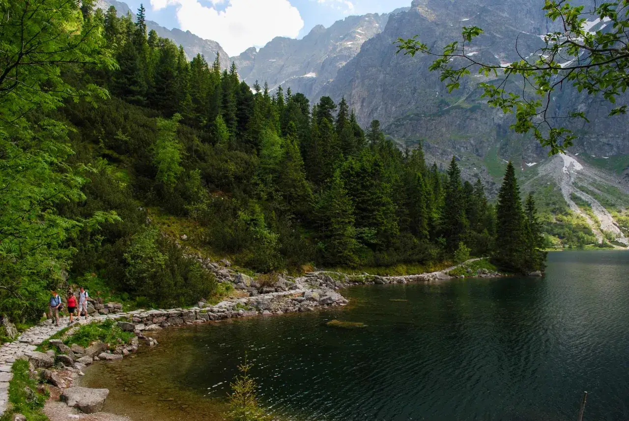 Kamienista ścieżka prowadzi do Morskiego Oka, otoczona zielonym lasem i górami.